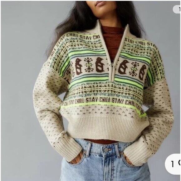 Urban Outfitters Cream Chartreuse Fair Isle Penguin Pullover Sweater Jumper M - Picture 1 of 10